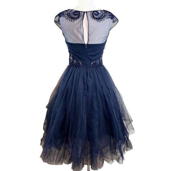 Marchesa Notte Embroidered Sequined Applique Sheer Tulle Formal Dress Navy Sz 2 - Picture 3 of 9